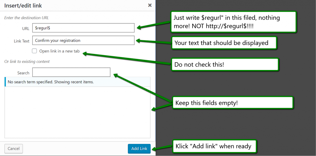 WordPress link editor using the Contest Gallery regurl email variable