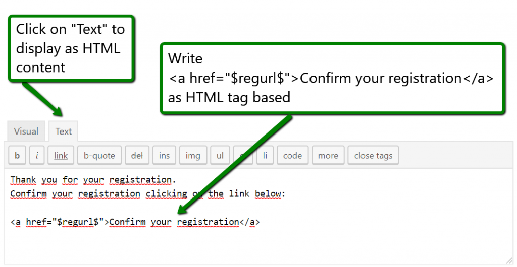WordPress HTML email editor with a clickable Contest Gallery confirmation link