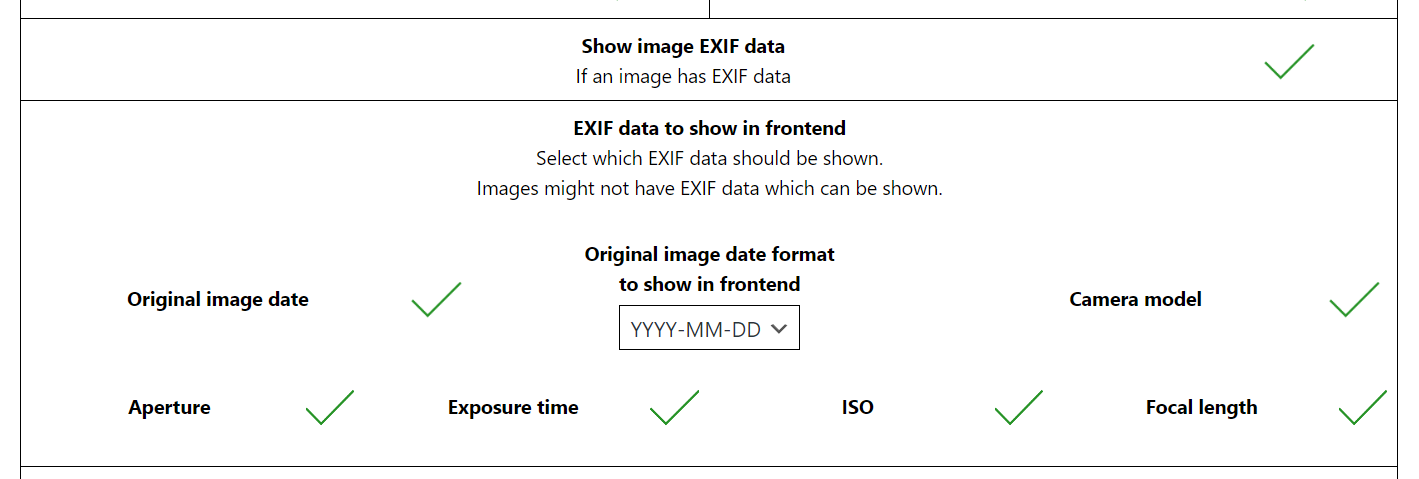 Available EXIF data options