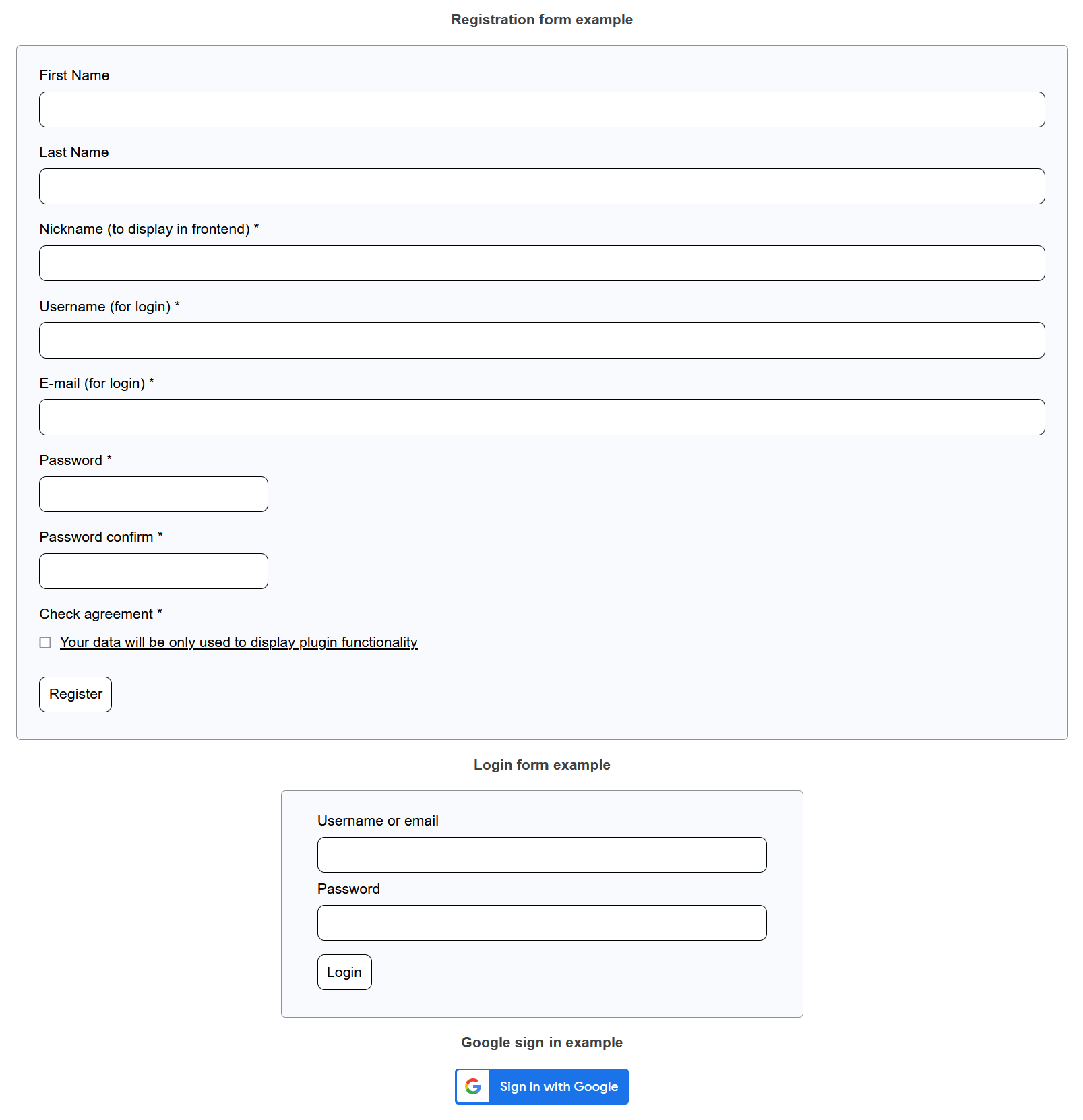 Registration form, login form and Google sign in