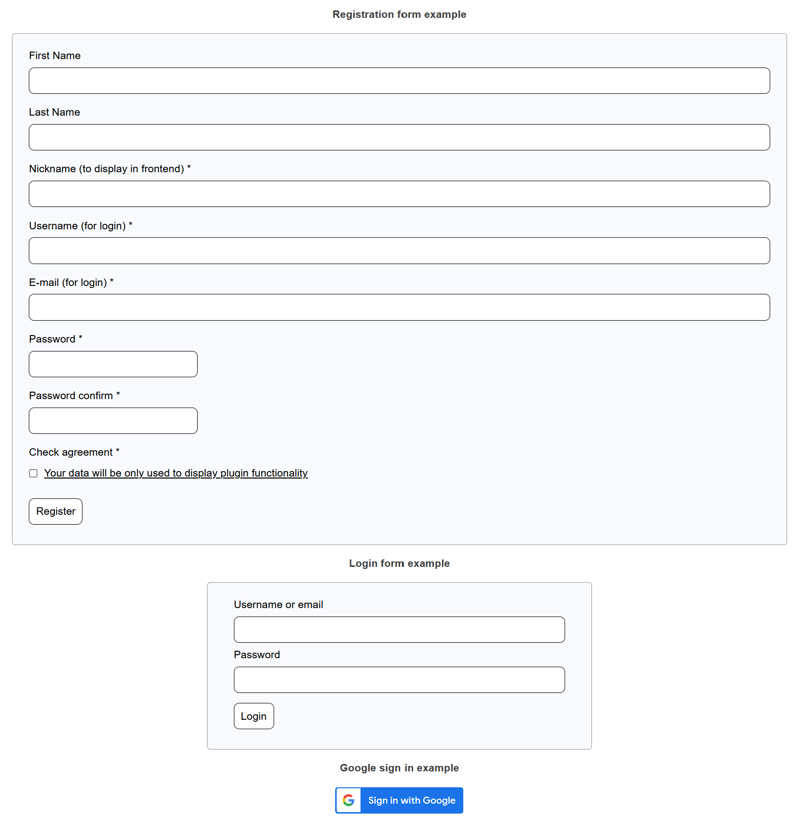 Registration form, login form and Google sign in Registration form, login form and Google sign in