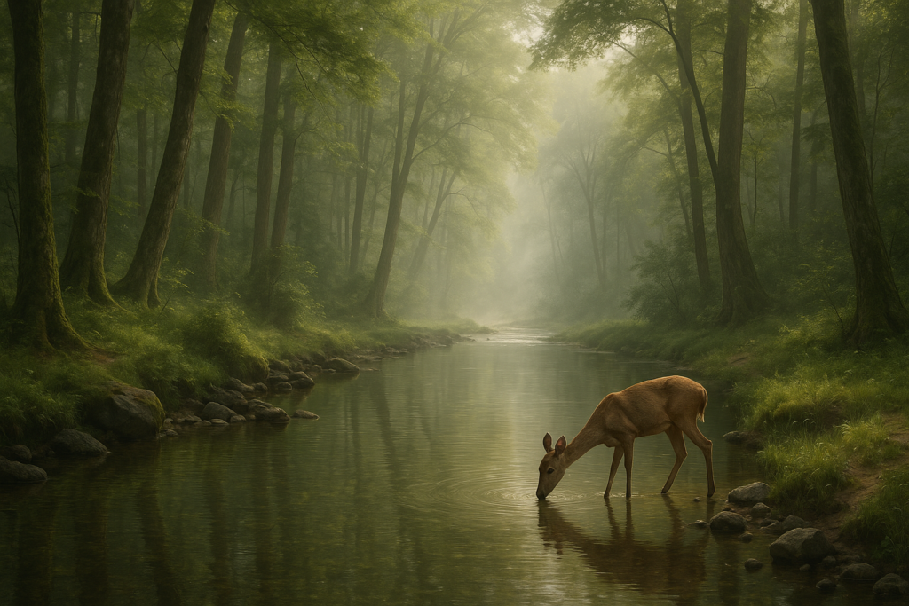 Result GPT Image 1: A serene forest scene with a river running through it...