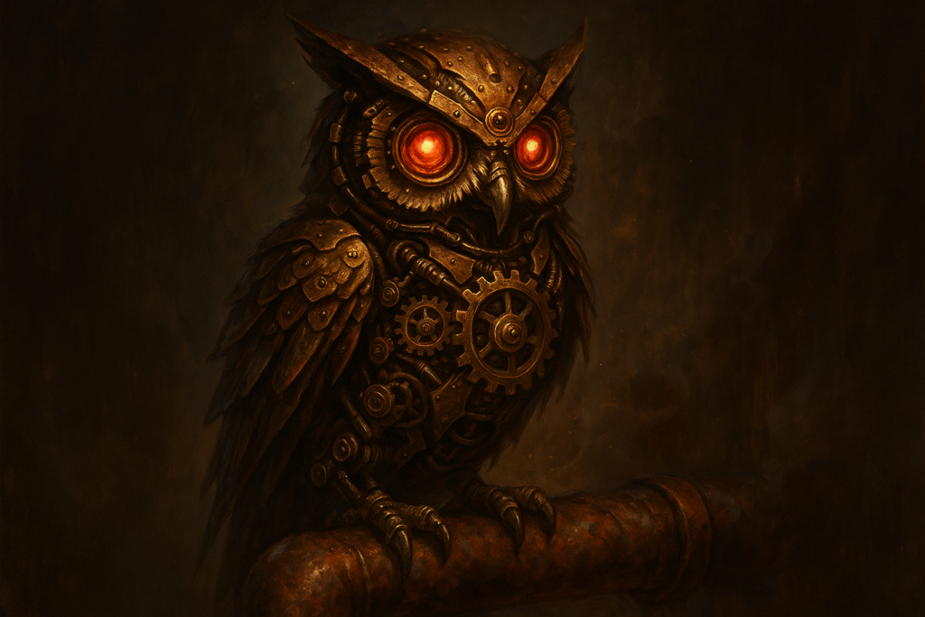 Result GPT Image 1: A steampunk-inspired mechanical owl perched on a rusty pipe...
