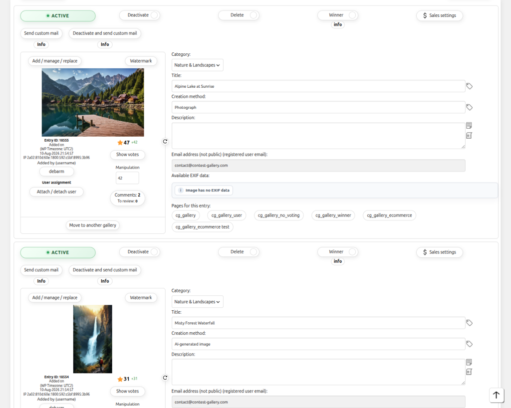 Contest Gallery backend showing active photo contest entries with titles and categories