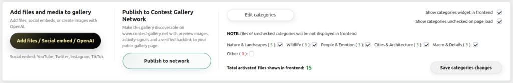Contest Gallery backend showing Add files and media, Contest Gallery Network publishing and category controls