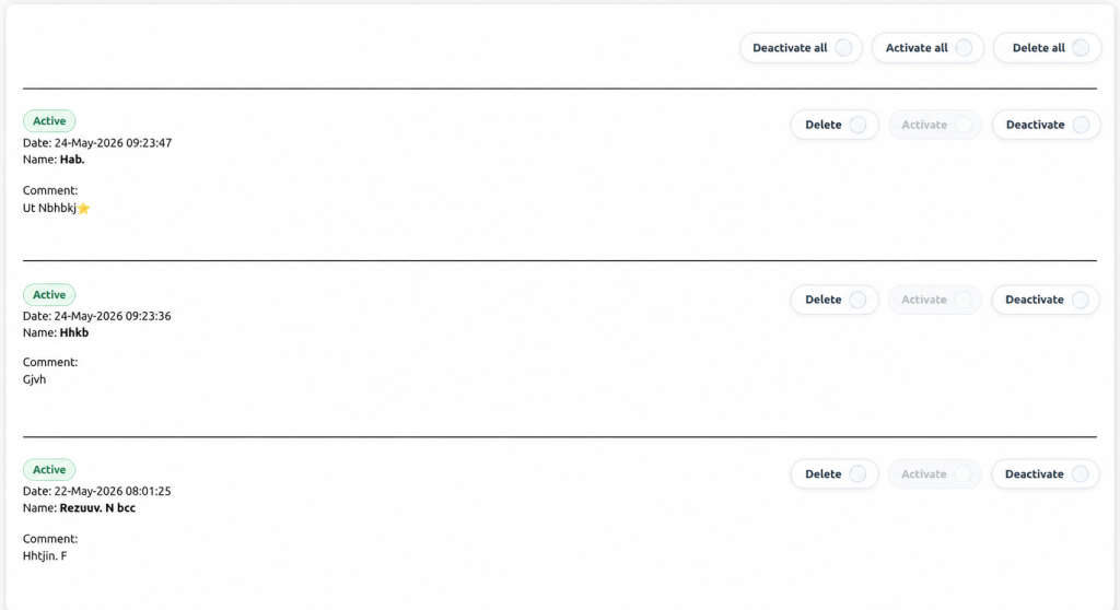 Contest Gallery backend comment moderation showing active comments and delete activate deactivate and bulk controls