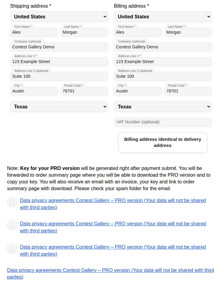 Contest Gallery checkout with fictional United States shipping and billing addresses and privacy agreements