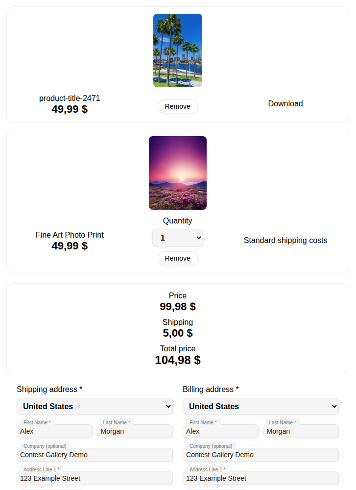 Contest Gallery ecommerce cart showing a download a physical product quantity shipping price and total