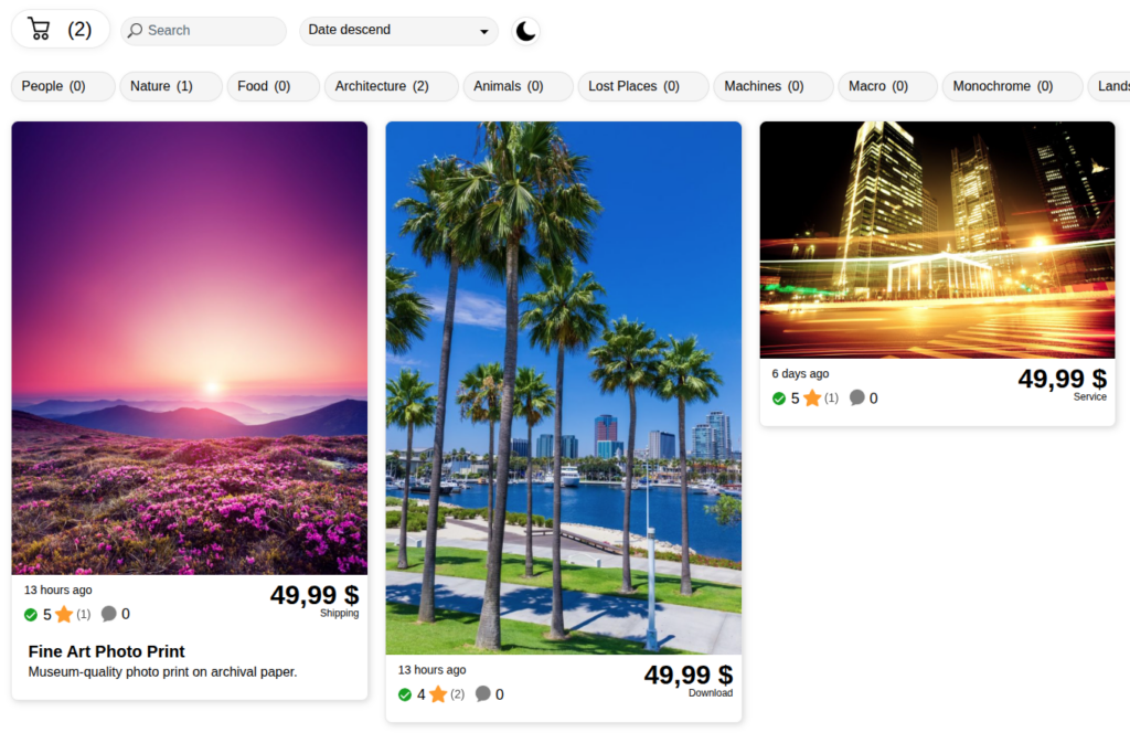 Responsive Contest Gallery ecommerce storefront showing shipping download and service products with prices and cart