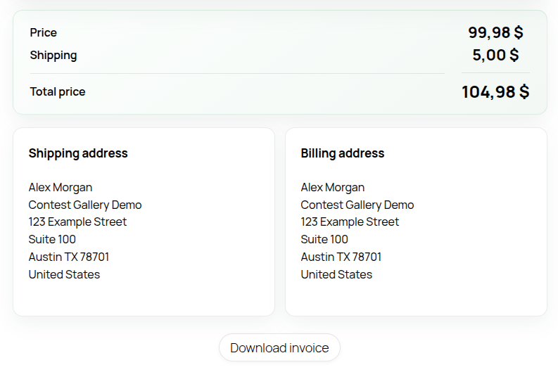 Contest Gallery order summary showing totals fictional shipping and billing addresses and invoice download