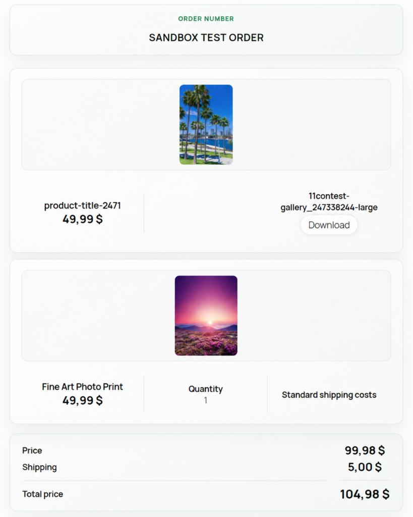 Contest Gallery sandbox order summary showing purchased download and shipping products with the order identifier anonymized