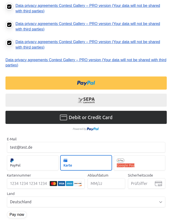Contest Gallery sandbox checkout showing PayPal SEPA debit card and card payment choices with fictional test data