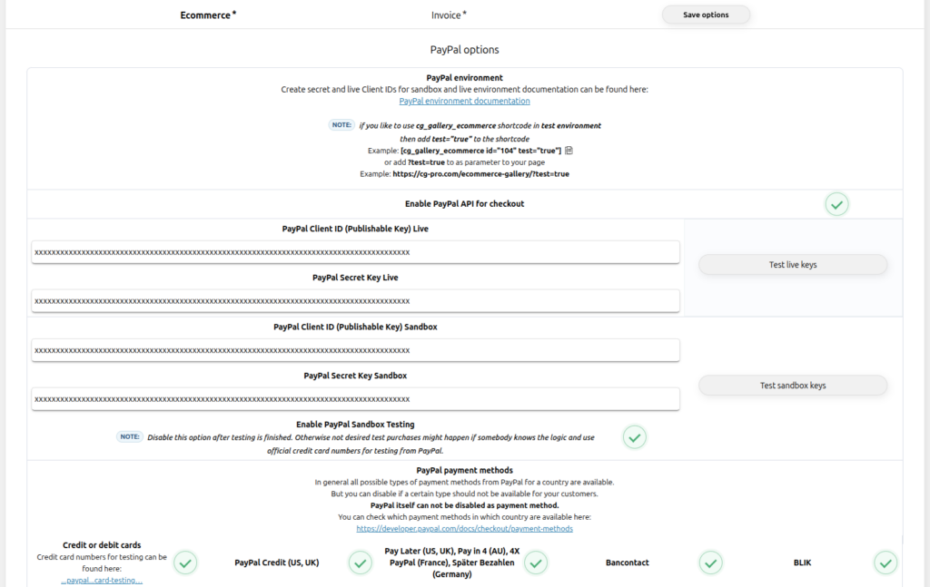 Contest Gallery PayPal ecommerce options with masked credentials API activation and sandbox testing enabled