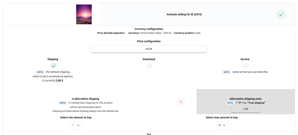 Contest Gallery Sales settings showing shipping download and service sale types with price and shipping configuration