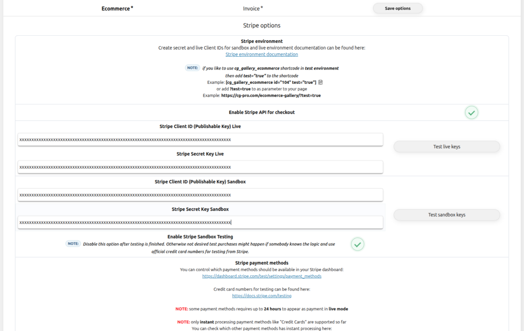 Contest Gallery Stripe ecommerce options with masked credentials API activation and sandbox testing enabled