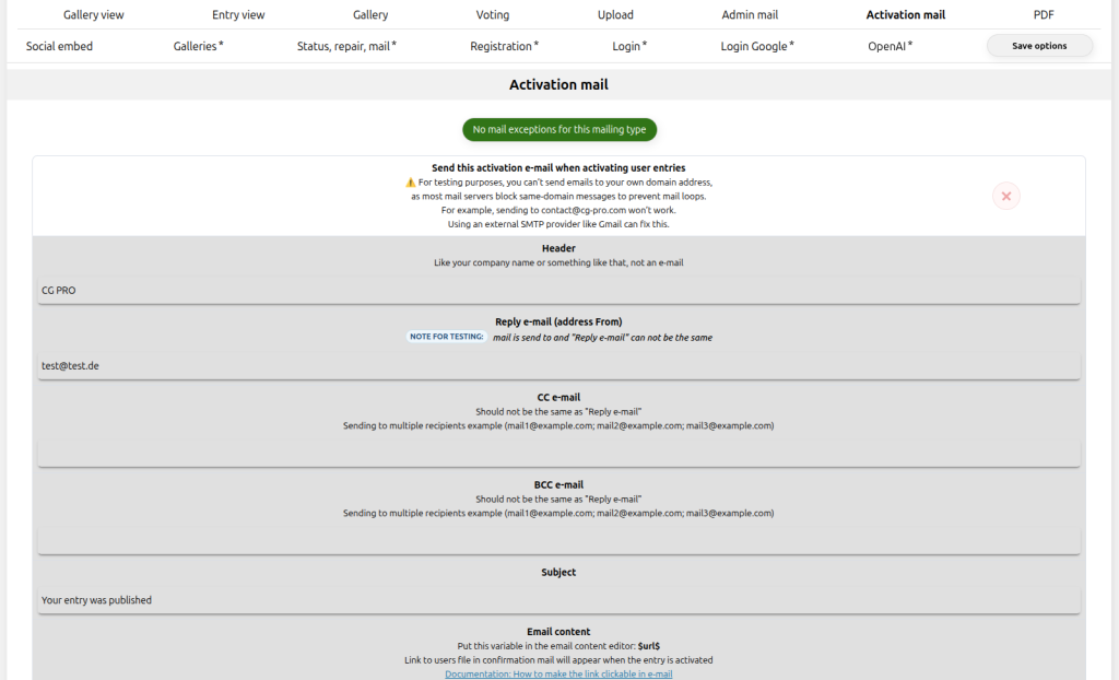 Contest Gallery activation mail editor showing sender fields subject and the public entry URL variable