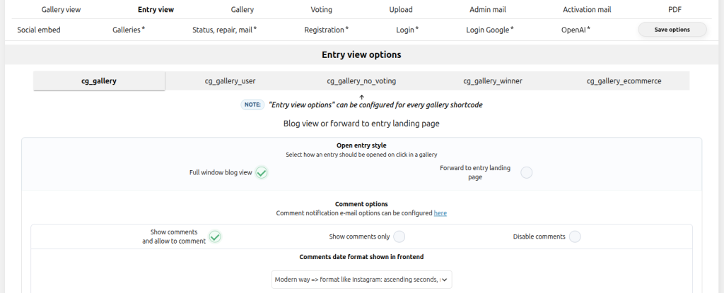 Contest Gallery backend showing shortcode-specific entry view options for full-window view entry landing pages and comments