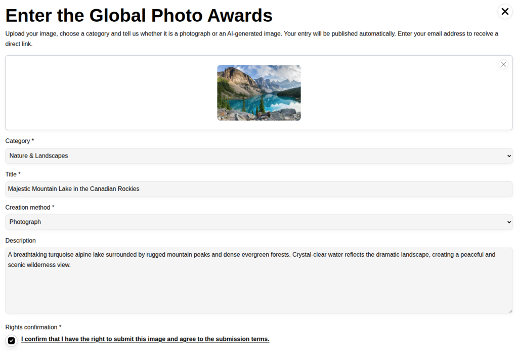 Contest Gallery frontend upload form filled with a landscape image category title creation method description and rights confirmation