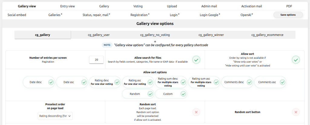 Contest Gallery backend showing shortcode-specific gallery view options for pagination search sorting and initial order