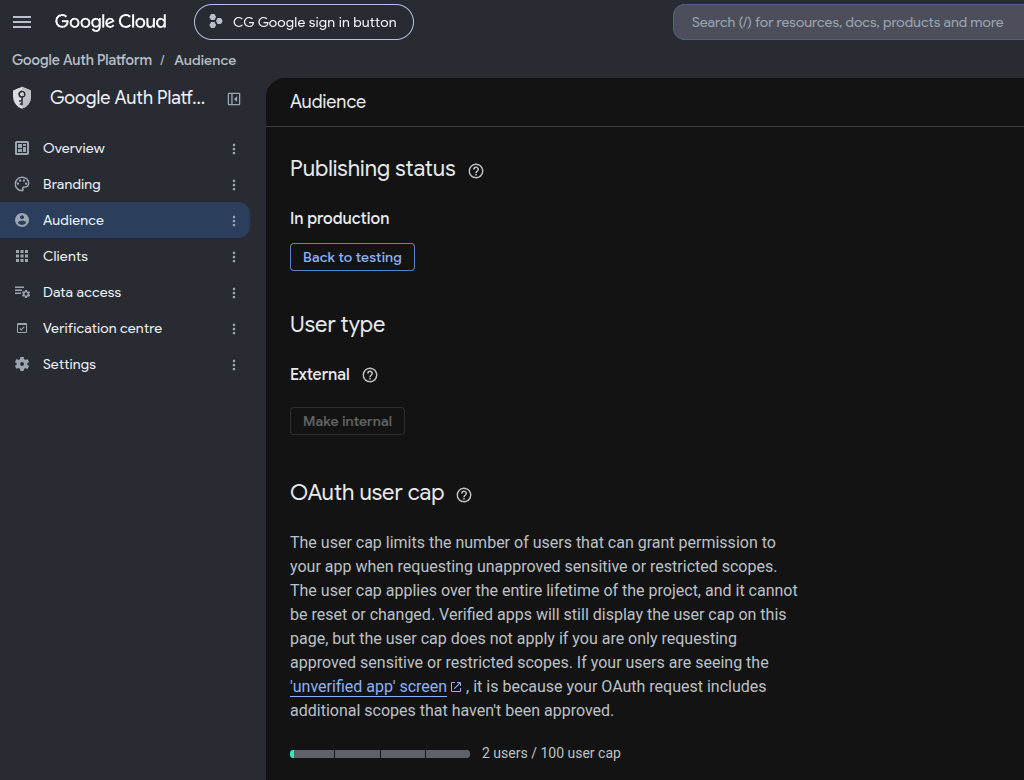 Google Auth Platform Audience page showing an external application in production and OAuth user-cap information