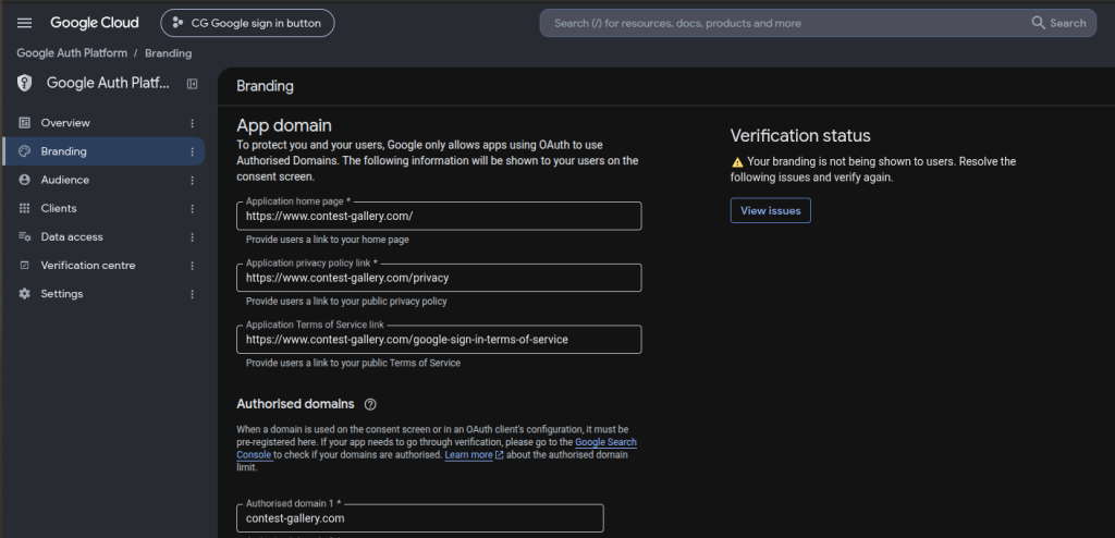 Google Auth Platform Branding page showing the Contest Gallery homepage privacy policy terms of service and authorized domain