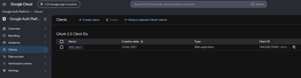 Google Auth Platform Clients page showing the configured Contest Gallery web application and its shortened public Client ID