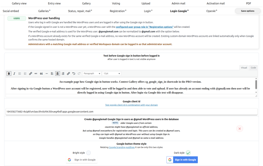 Contest Gallery Login via Google options showing the global Client ID field domain test and enabled Google Sign-In button style