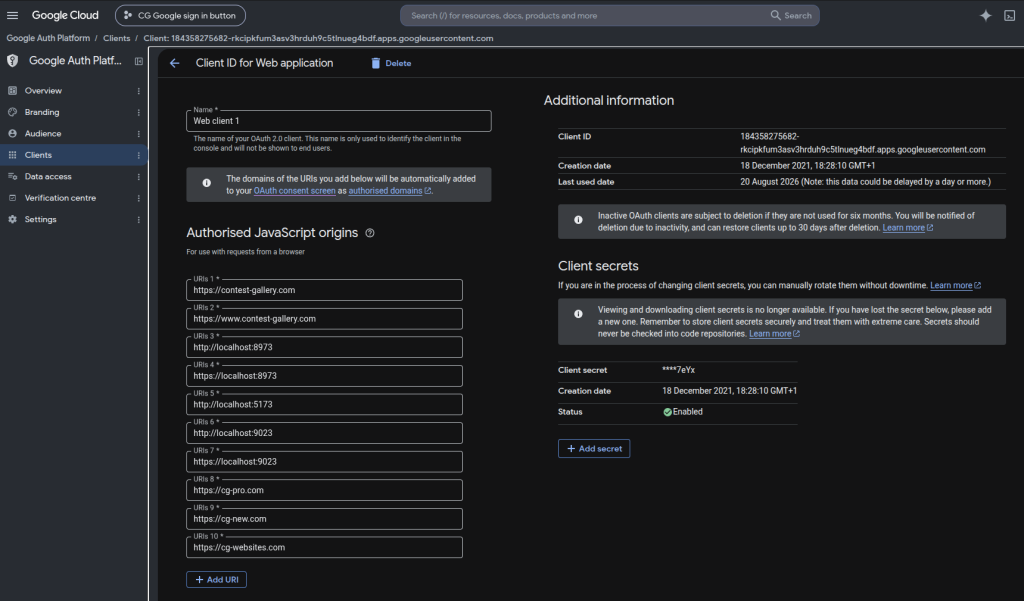Google OAuth web application client showing its public Client ID and authorized JavaScript origins without a client secret