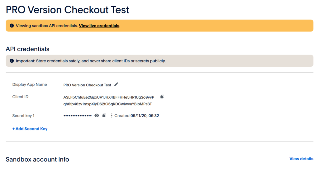 PayPal sandbox application showing its display name public Client ID and masked secret key