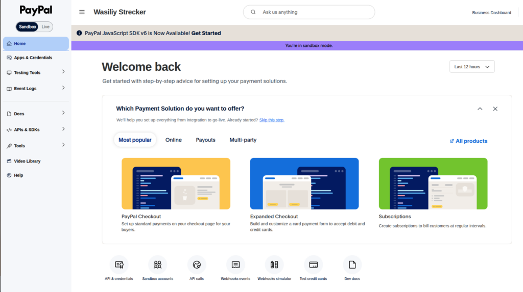 PayPal Developer Dashboard in sandbox mode with Apps and Credentials Testing Tools and Webhook Events navigation
