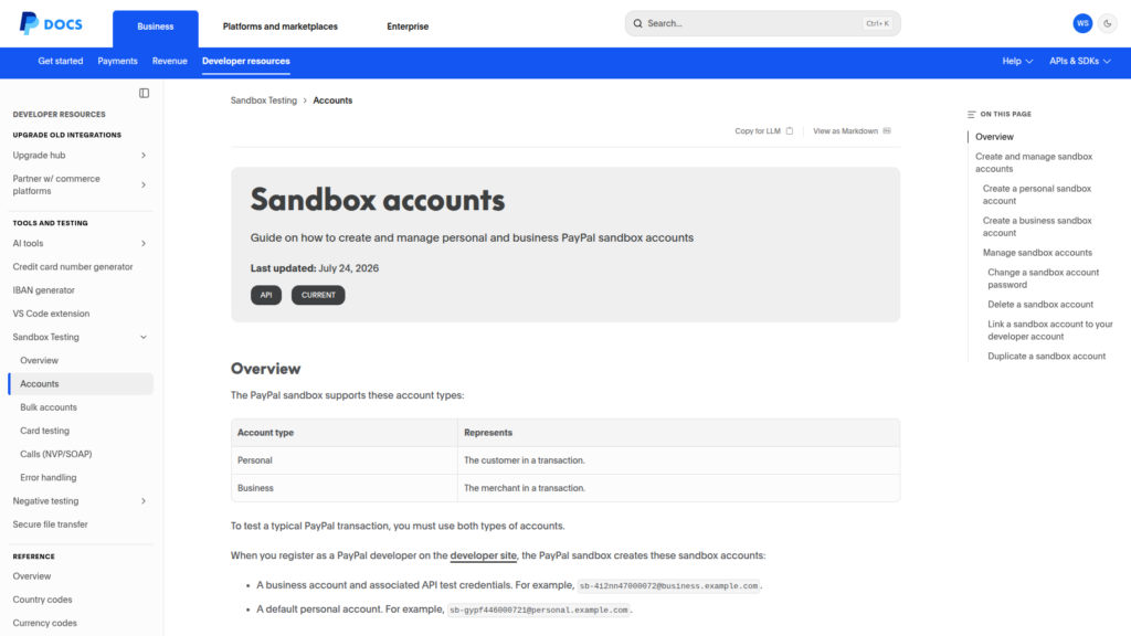 Official PayPal documentation explaining personal and business Sandbox test accounts
