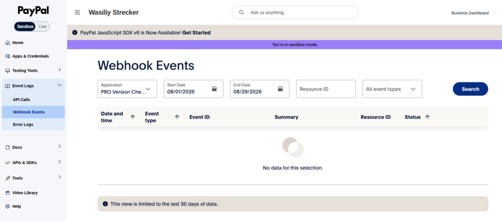 PayPal Sandbox Webhook Events dashboard with application date resource event type and status filters