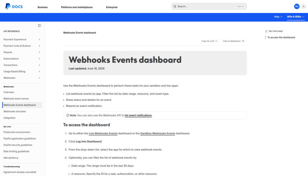 Official PayPal Webhook Events dashboard guide with instructions for Sandbox and Live applications