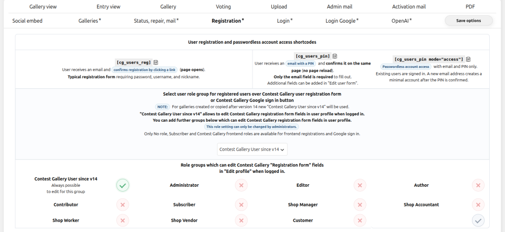 Contest Gallery registration options showing cg_users_reg cg_users_pin passwordless access mode and the selected restricted WordPress user role