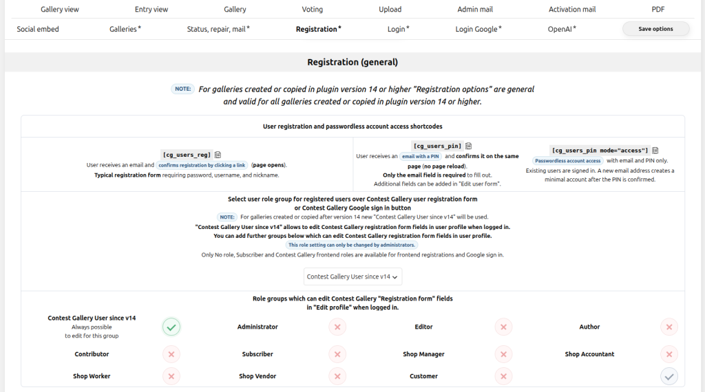 Contest Gallery registration options showing registration email PIN passwordless access shortcodes and the selected frontend WordPress role