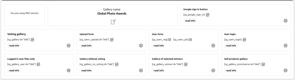 Contest Gallery backend shortcode overview for the voting gallery upload form user registration PIN login Google Sign-In user gallery winner gallery and ecommerce gallery