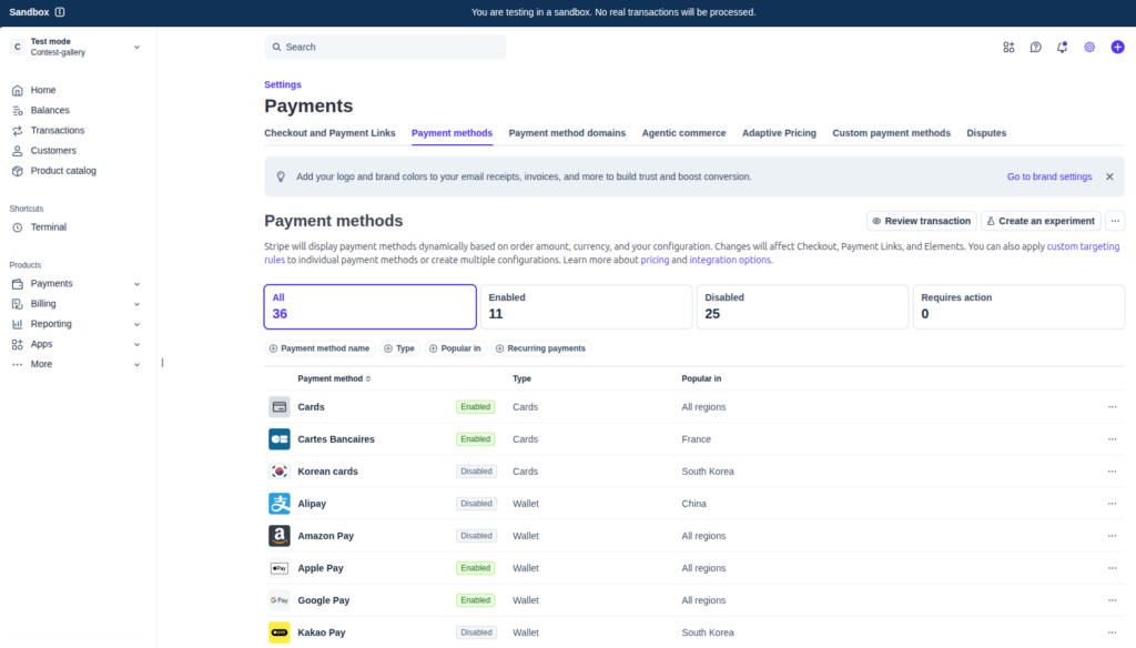 Stripe Dashboard payment method settings in Sandbox mode showing enabled and disabled payment methods