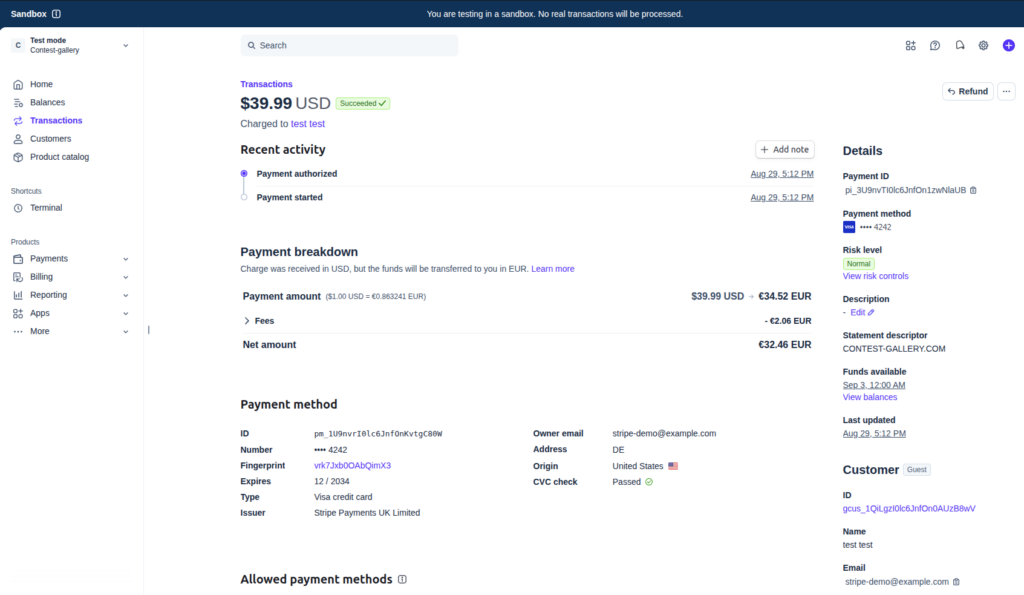 Stripe Dashboard sandbox transaction showing a successful test payment amount activity payment method and fictional customer details