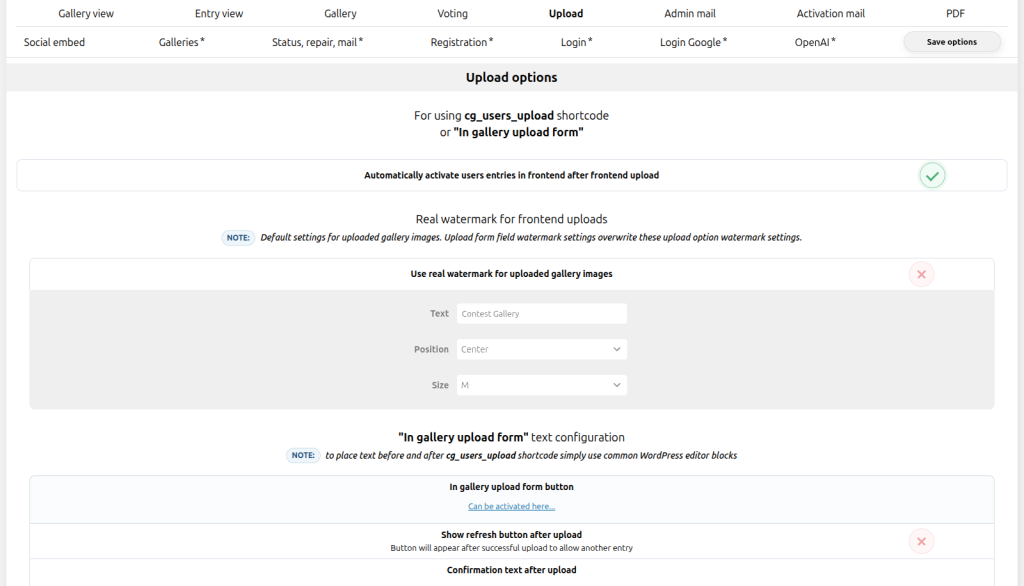 Contest Gallery upload options with automatic frontend entry activation enabled and the Admin mail and Activation mail tabs visible