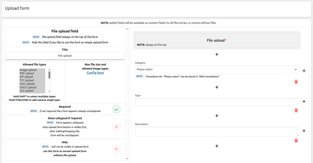Contest Gallery upload form builder showing file upload category title and description fields in a multi-column layout