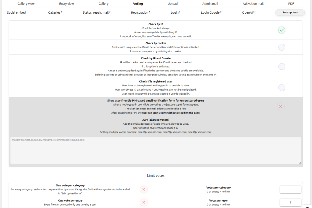 Contest Gallery voter recognition options showing IP cookie login email PIN jury and vote limit settings