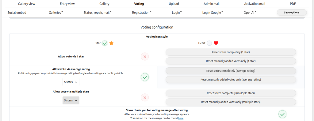 Contest Gallery Voting options showing one-star average and cumulative rating choices with average rating enabled