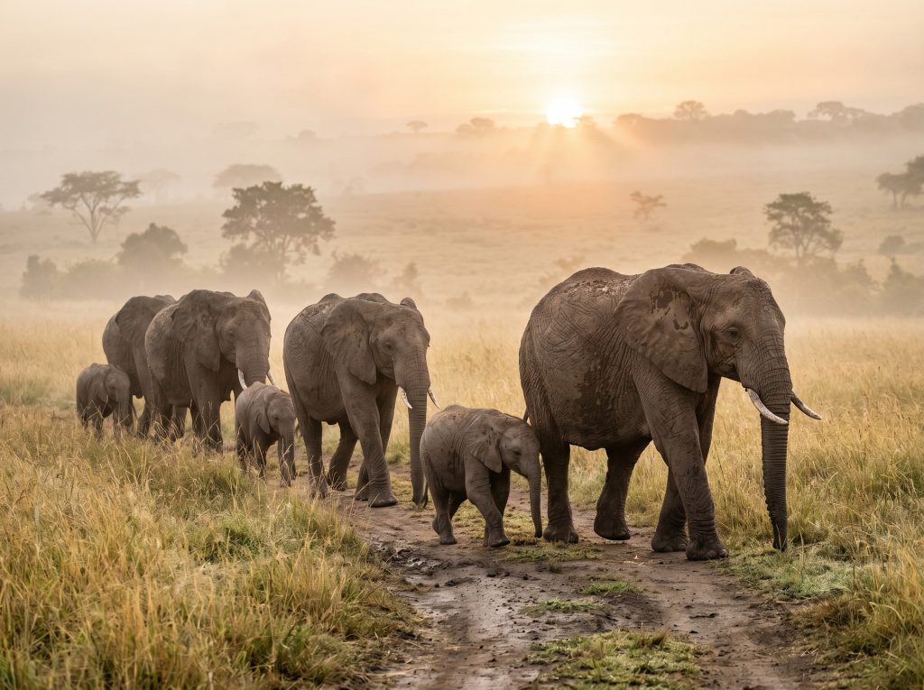 elephant family sunset