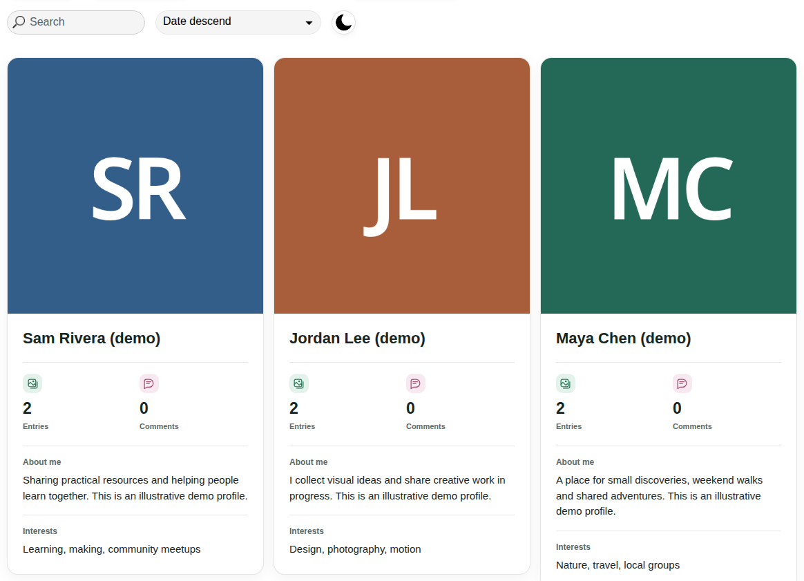 Three demonstration member cards with public introductions, interests and entry counts.