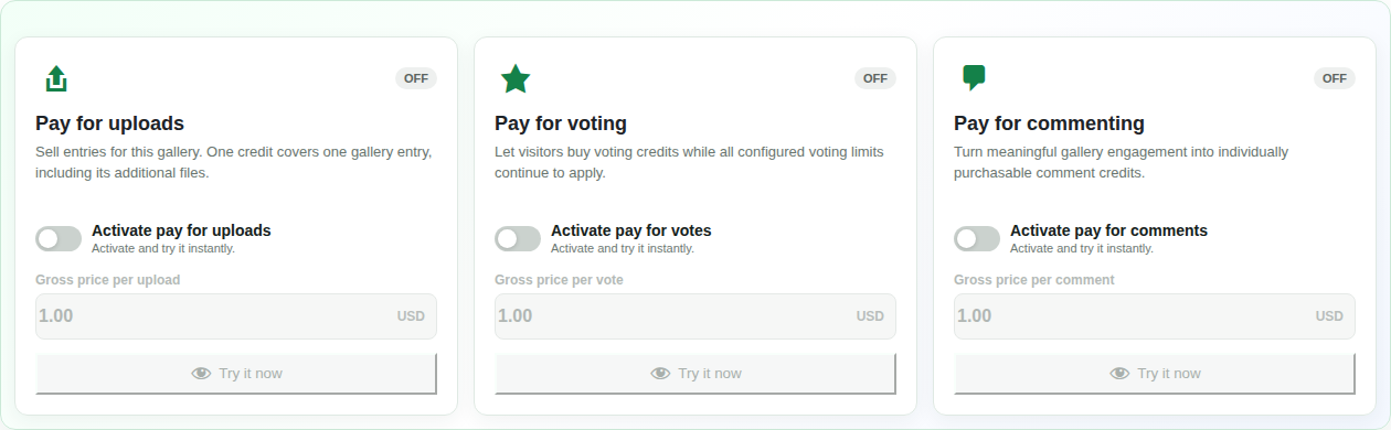 Independent earning controls for upload, vote and comment credits.
