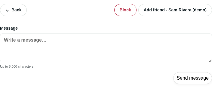Private message composer in a demonstration member profile. No message has been sent.