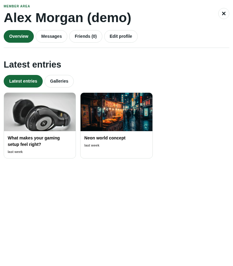 Contest Gallery member area with Overview, Messages, Friends and Edit profile.