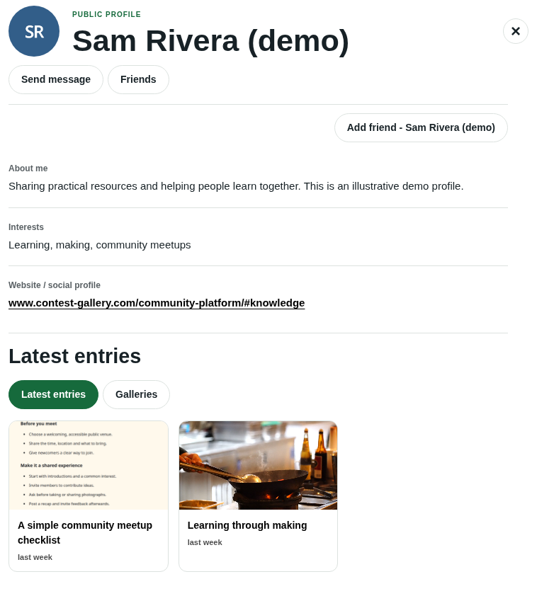 Contest Gallery 34.0.1 public member profile with public fields, recent entries, Send message and Friends.
