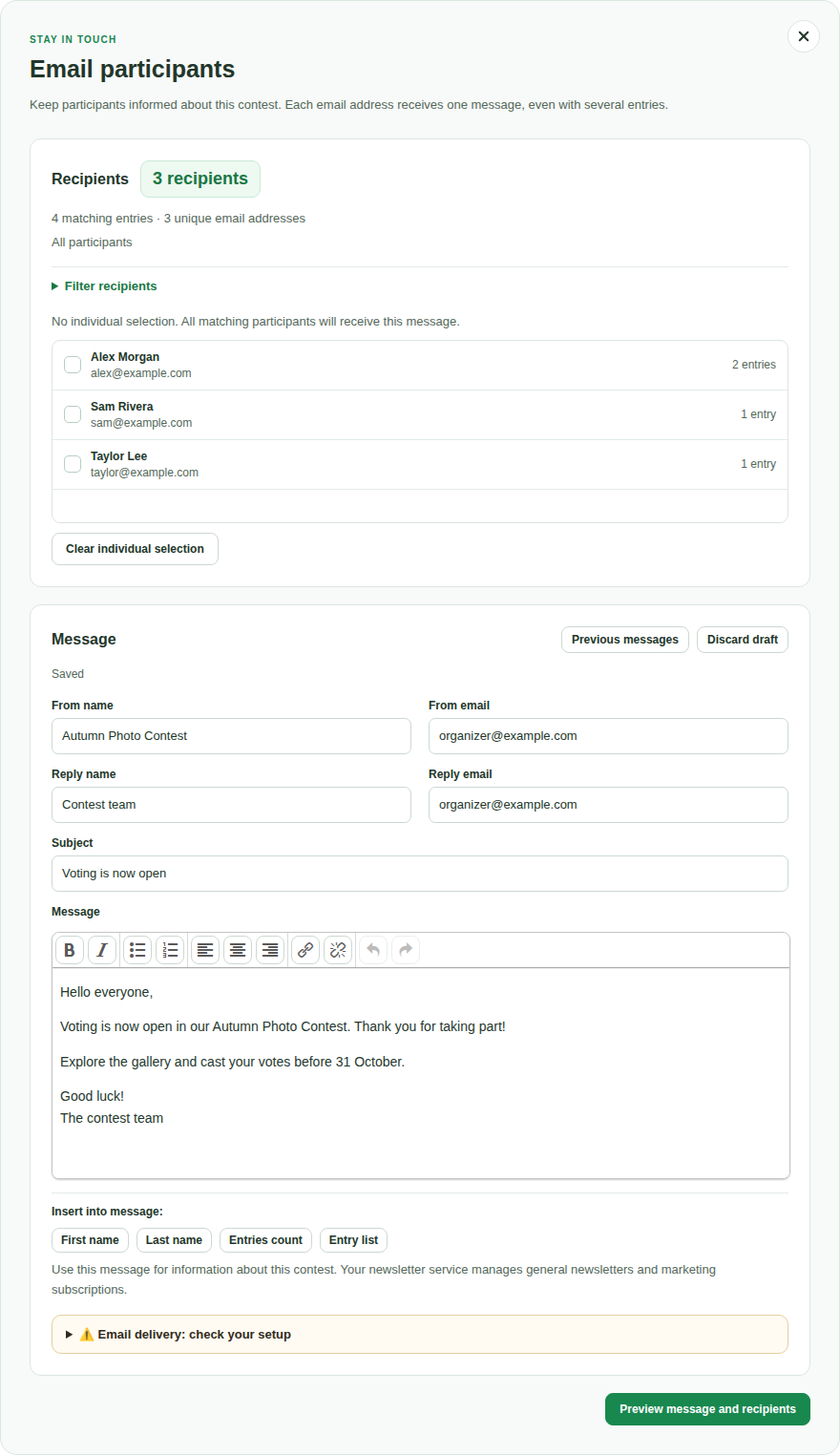 Participant email editor with three example recipients, a saved draft and the message editor.