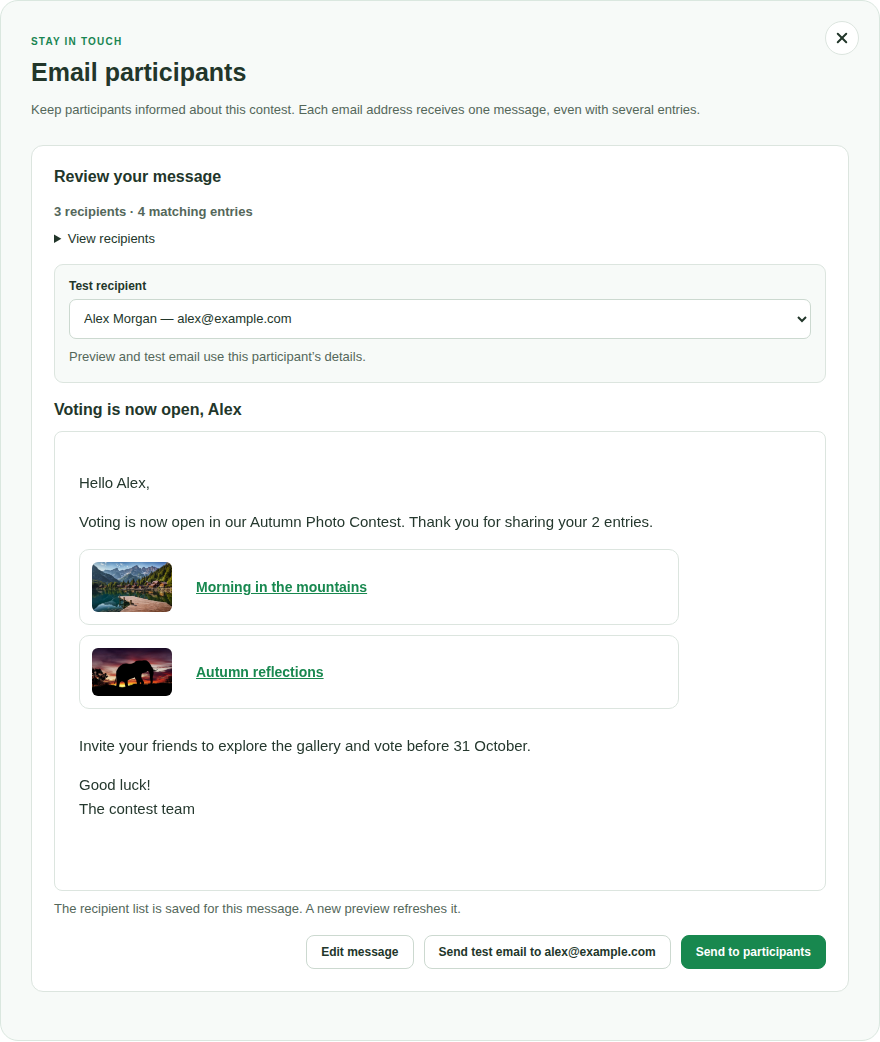 Personalized participant email preview greeting Alex and listing two example entries.